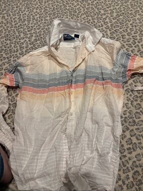 Charleston Threads Button-Down with Pastel Stripes - Cream/Gray/Coral